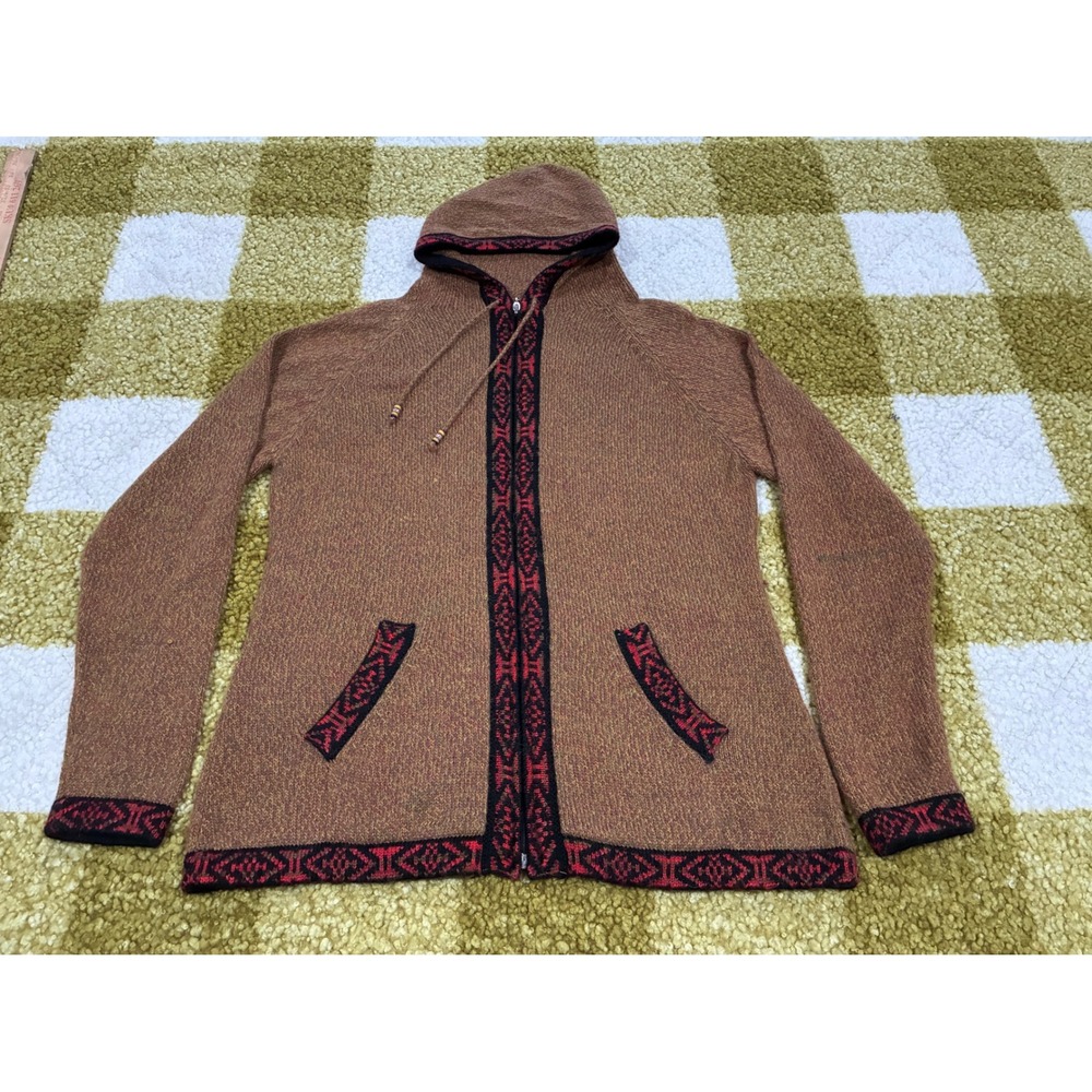 Alpaca Imports Peru Knit Hooded Zip Up Sweater XL Brown Red Geometric Boho